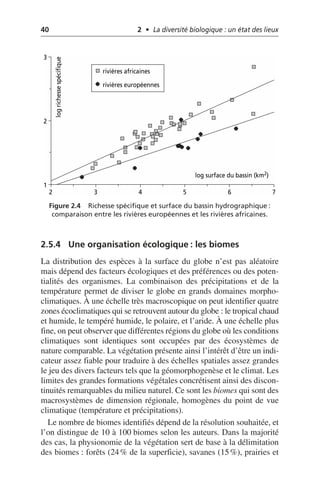 40 2 • La diversité biologique : un état des lieux
2.5.4 Une organisation écologique: les biomes
La distribution des espèces à la surface du globe n’est pas aléatoire
mais dépend des facteurs écologiques et des préférences ou des poten-
tialités des organismes. La combinaison des précipitations et de la
température permet de diviser le globe en grands domaines morpho-
climatiques. À une échelle très macroscopique on peut identifier quatre
zones écoclimatiques qui se retrouvent autour du globe: le tropical chaud
et humide, le tempéré humide, le polaire, et l’aride. À une échelle plus
fine, on peut observer que différentes régions du globe où les conditions
climatiques sont identiques sont occupées par des écosystèmes de
nature comparable. La végétation présente ainsi l’intérêt d’être un indi-
cateur assez fiable pour traduire à des échelles spatiales assez grandes
le jeu des divers facteurs tels que la géomorphogenèse et le climat. Les
limites des grandes formations végétales concrétisent ainsi des discon-
tinuités remarquables du milieu naturel. Ce sont les biomes qui sont des
macrosystèmes de dimension régionale, homogènes du point de vue
climatique (température et précipitations).
Le nombre de biomes identifiés dépend de la résolution souhaitée, et
l’on distingue de 10 à 100 biomes selon les auteurs. Dans la majorité
des cas, la physionomie de la végétation sert de base à la délimitation
des biomes: forêts (24% de la superficie), savanes (15%), prairies et
Figure 2.4 Richesse spécifique et surface du bassin hydrographique:
comparaison entre les rivières européennes et les rivières africaines.
3
2
1
2 3 4 5
log surface du bassin (km2)
log
richesse
spécifique
rivières africaines
rivières européennes
6 7
 