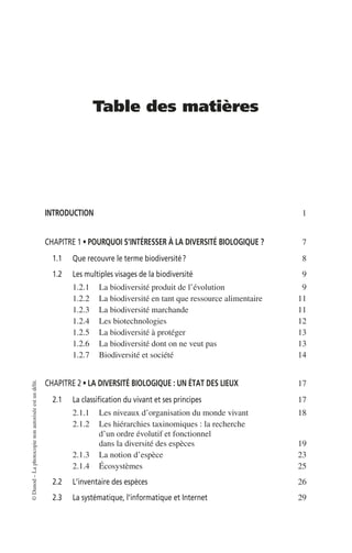 ©
Dunod
–
La
photocopie
non
autorisée
est
un
délit.
Table des matières
INTRODUCTION 1
CHAPITRE 1 • POURQUOI S’INTÉRESSER À LA DIVERSITÉ BIOLOGIQUE ? 7
1.1 Que recouvre le terme biodiversité? 8
1.2 Les multiples visages de la biodiversité 9
1.2.1 La biodiversité produit de l’évolution 9
1.2.2 La biodiversité en tant que ressource alimentaire 11
1.2.3 La biodiversité marchande 11
1.2.4 Les biotechnologies 12
1.2.5 La biodiversité à protéger 13
1.2.6 La biodiversité dont on ne veut pas 13
1.2.7 Biodiversité et société 14
CHAPITRE 2 • LA DIVERSITÉ BIOLOGIQUE : UN ÉTAT DES LIEUX 17
2.1 La classification du vivant et ses principes 17
2.1.1 Les niveaux d’organisation du monde vivant 18
2.1.2 Les hiérarchies taxinomiques: la recherche
d’un ordre évolutif et fonctionnel
dans la diversité des espèces 19
2.1.3 La notion d’espèce 23
2.1.4 Écosystèmes 25
2.2 L’inventaire des espèces 26
2.3 La systématique, l’informatique et Internet 29
 