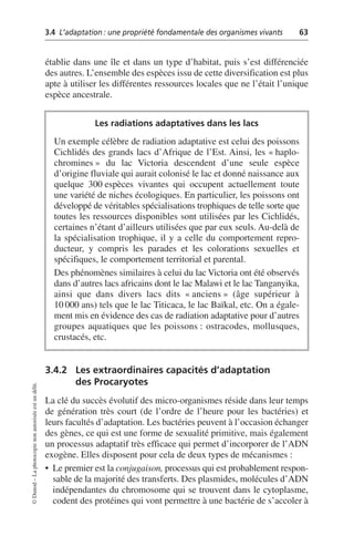 3.4 L’adaptation: une propriété fondamentale des organismes vivants 63
©
Dunod
–
La
photocopie
non
autorisée
est
un
délit.
établie dans une île et dans un type d’habitat, puis s’est différenciée
des autres. L’ensemble des espèces issu de cette diversification est plus
apte à utiliser les différentes ressources locales que ne l’était l’unique
espèce ancestrale.
3.4.2 Les extraordinaires capacités d’adaptation
des Procaryotes
La clé du succès évolutif des micro-organismes réside dans leur temps
de génération très court (de l’ordre de l’heure pour les bactéries) et
leurs facultés d’adaptation. Les bactéries peuvent à l’occasion échanger
des gènes, ce qui est une forme de sexualité primitive, mais également
un processus adaptatif très efficace qui permet d’incorporer de l’ADN
exogène. Elles disposent pour cela de deux types de mécanismes:
• Le premier est la conjugaison, processus qui est probablement respon-
sable de la majorité des transferts. Des plasmides, molécules d’ADN
indépendantes du chromosome qui se trouvent dans le cytoplasme,
codent des protéines qui vont permettre à une bactérie de s’accoler à
Les radiations adaptatives dans les lacs
Un exemple célèbre de radiation adaptative est celui des poissons
Cichlidés des grands lacs d’Afrique de l’Est. Ainsi, les «haplo-
chromines» du lac Victoria descendent d’une seule espèce
d’origine fluviale qui aurait colonisé le lac et donné naissance aux
quelque 300 espèces vivantes qui occupent actuellement toute
une variété de niches écologiques. En particulier, les poissons ont
développé de véritables spécialisations trophiques de telle sorte que
toutes les ressources disponibles sont utilisées par les Cichlidés,
certaines n’étant d’ailleurs utilisées que par eux seuls. Au-delà de
la spécialisation trophique, il y a celle du comportement repro-
ducteur, y compris les parades et les colorations sexuelles et
spécifiques, le comportement territorial et parental.
Des phénomènes similaires à celui du lac Victoria ont été observés
dans d’autres lacs africains dont le lac Malawi et le lac Tanganyika,
ainsi que dans divers lacs dits «anciens» (âge supérieur à
10 000 ans) tels que le lac Titicaca, le lac Baïkal, etc. On a égale-
ment mis en évidence des cas de radiation adaptative pour d’autres
groupes aquatiques que les poissons: ostracodes, mollusques,
crustacés, etc.
 