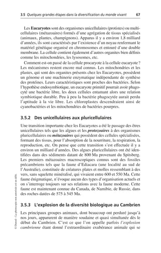 3.5 Quelques grandes étapes dans la diversification du monde vivant 67
©
Dunod
–
La
photocopie
non
autorisée
est
un
délit.
Les Eucaryotes sont des organismes unicellulaires (protistes) ou multi-
cellulaires (métazoaires) formés d’une agrégation de tissus spécialisés
(animaux, plantes, champignons). Apparus il y a environ 1,8 milliard
d’années, ils sont caractérisés par l’existence d’un noyau renfermant le
matériel génétique organisé en chromosomes et entouré d’une double
membrane. La cellule contient également d’autres organites bien définis
comme les mitochondries, les lysosomes, etc.
Comment est-on passé de la cellule procaryote à la cellule eucaryote?
Les mécanismes restent encore mal connus. Les mitochondries et les
plastes, qui sont des organites présents chez les Eucaryotes, possèdent
un génome et une machinerie enzymatique indépendante de synthèse
des protéines. Leurs caractéristiques sont proches des bactéries. Selon
l’hypothèse endosymbiotique, un eucaryote primitif pourrait avoir phago-
cyté une bactérie libre, les deux cellules entamant alors une relation
symbiotique durable. Peu à peu la bactérie phagocytée aurait perdu
l’aptitude à la vie libre. Les chloroplastes descendraient ainsi de
cyanobactéries et les mitochondries de bactéries pourpres.
3.5.2 Des unicellulaires aux pluricellulaires
Une transition importante chez les Eucaryotes a été le passage des êtres
unicellulaires tels que les algues et les protozoaires à des organismes
pluricellulaires ou métazoaires qui possèdent des cellules spécialisées,
formant des tissus, pour l’absorption de la nourriture, la respiration, la
reproduction, etc. On pense que cette transition s’est effectuée il y a
environ un milliard d’années. Des algues pluricellulaires ont été iden-
tifiées dans des sédiments datant de 800 Ma provenant du Spitsberg.
Les premiers métazoaires macroscopiques connus sont des fossiles
précambriens tels que la faune d’Ediacara (une localité au sud de
l’Australie), constituée de créatures plates et molles ressemblant à des
vers, sans squelette minéralisé, qui vivaient entre 600 et 550 Ma. Cette
faune énigmatique, n’évoque aucun des types d’organisation actuels et
on s’interroge toujours sur ses relations avec la faune moderne. Cette
faune est maintenant connue du Canada, de Namibie, de Russie, dans
des roches datées de 575 à 545 Ma.
3.5.3 L’explosion de la diversité biologique au Cambrien
Les principaux groupes animaux, dont beaucoup ont perduré jusqu’à
nos jours, apparurent de manière soudaine et quasi simultanée dès le
début du Cambrien. C’est ce que l’on appelle parfois l’explosion
cambrienne étant donné l’extraordinaire exubérance animale qui se
 
