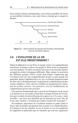 74 3 • Mécanismes de la diversification du monde vivant
dont certaines étaient contemporaines, ont évolué en parallèle. De toutes
ces possibilités évolutives, une seule forme a émergé qui a conquis la
Planète.
3.6 L’ÉVOLUTION DE LA VIE
EST-ELLE PRÉDÉTERMINÉE?
Depuis le début de la vie sur Terre, le monde vivant s’est continuellement
transformé. Certaines espèces ont peuplé la Terre avant de disparaître
sans descendance. D’autres ont donné naissance à de nouvelles lignées
occupant des niches écologiques différentes. Mais surtout, la succession
des différents groupes d’êtres vivants peut donner l’impression que
l’évolution tend vers une complexification de plus en plus grande. En
particulier, depuis l’apparition de la vie, on a vu émerger progressivement
des êtres qui se distinguaient par l’acquisition de comportements de plus
en plus complexes. Ainsi, chez les vertébrés, le changement de l’anato-
mie du système nerveux s’est poursuivi, avec les modifications du
comportement qui lui sont associées.
Une question fondamentale que se posent les biologistes est de savoir
si le hasard est le seul maître à bord dans la longue histoire de l’évolu-
tion qui a conduit à la diversification des espèces ou si il y a une «main
invisible», une force non identifiée qui lui donnerait un sens? Ou, dit
d’une autre manière, l’évolution des espèces traduit-elle un progrès?
De nombreux spécialistes de l’évolution mettent en garde contre la
fausse idée de progrès qui pourrait être associée à la complexification.
L’évolution n’est pas orientée, ni vers le mieux ni vers la complexité.
Ils rappellent en particulier que les bactéries qui sont des organismes
Figure 3.3 Arbre évolutif du groupe des Primates anthropoïdes
d’où est issu Homo sapiens.
0
– 20
– 40
– 60
Famille des Gibbons
Orang-Outang
Gorille
Chimpanzé
genre Homo
 