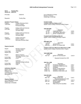 UNOFFICIAL
UNO Unofficial Undergraduate Transcript Page 1 of 3
Name: Timothy Riley
Student ID: 60461478
Print Date: 2/26/2016
Requestor: Timothy Riley
Academic Program History
Program: College of Business Admin
12/25/1987: Active in Program
Pre-Business Major
Program: College of Arts and Sciences
8/15/1989: Active in Program
Journalism Major
Program: College of Arts and Sciences
8/14/1993: Active in Program
Journalism Major
Program: College of Education
12/20/2002: Active in Program
Secondary Education Major
Degrees Awarded
Degree: Bachelor of Science
Journalism Major
Confer Date: 12/18/1993
Degree GPA: 2.958
Degree: Master of Science
Secondary Education Major
Confer Date: 12/16/2005
Degree GPA: 3.719
Degree: Certificate
Advanced Writing Certificate
Confer Date: 5/9/2014
Degree GPA: 3.633
Institutions Attended:
Daniel J Gross HS
Bellevue Univ
Creighton Univ
Univ of Nebraska at Omaha
Metropolitan CC
Degrees Awarded
Univ of Nebraska at Omaha
Master of Science
Confer Date: 12/16/2005
Univ of Nebraska at Omaha
Bachelor of Science
Confer Date: 12/18/1993
Transfer Credits
Transfer Credit from Bellevue Univ
Applied Toward College of Business Admin Program
1983 SPR SEM
Course Description
CA 102 COMPOSITION II 3.00 B
GL 104 HISTORICAL GEOLOGY 4.00 C
SO 101 INTRO TO SOCIOLOGY 3.00 C
Transfer Credit from Metropolitan CC
Applied Toward College of Education Program
2003 WINT QTR
Course Description
HIS 101 US HISTORY I 4.50 A
ENG 210 INTRO TO LITERATURE 4.50 B
Transfer Credit from UNO Course Work Prior to 1986
Applied Toward College of Business Admin Program
1983 SUMR SEM
Course Description
PSY 101 INTRO TO PSYCHOLOGY
+
3.00 D+
Repeated Excluded from GPA
1983 FALL SEM
Course Description
GEO 106 PHYSICAL GEOGRAPHY 4.00 C
LAT 116 SCIENTIFIC GREEK & LATIN 2.00 F
MATH 131 ALGEBRA 3.00 C
PHIL 101 INTRO TO PHILOSOPHY 3.00 C
CHEM 118 GENERAL CHEM QUAL 3.00 W
CHEM 118L GENERAL CHEM QUAL LAB 1.00 W
1984 SPR SEM
Course Description
BIOL 102 PRINC OF BIOLOGY + 5.00 D
Repeated Excluded from GPA
ENG 115 ENGLISH COMPOSITION 3.00 C+
GEO 102 INTRO HUMAN
GEOGRAPHY
3.00 C
PE 304 PREV ATHLETIC INJURIES 3.00 B
 
