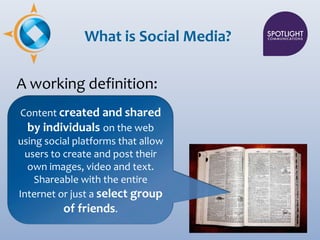 What is Social Media?

A working definition:
 Content created and shared
  by individuals on the web
using social platform...