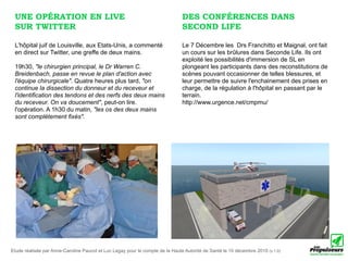 UNE OPÉRATION EN LIVE                                                         DES CONFÉRENCES DANS
 SUR TWITTER                                                                   SECOND LIFE

 L'hôpital juif de Louisville, aux Etats-Unis, a commenté                      Le 7 Décembre les Drs Franchitto et Maignal, ont fait
 en direct sur Twitter, une greffe de deux mains.                              un cours sur les brûlures dans Seconde Life. Ils ont
                                                                               exploité les possibilités d'immersion de SL en
 19h30, "le chirurgien principal, le Dr Warren C.                              plongeant les participants dans des reconstitutions de
 Breidenbach, passe en revue le plan d'action avec                             scènes pouvant occasionner de telles blessures, et
 l'équipe chirurgicale". Quatre heures plus tard, "on                          leur permettre de suivre l'enchainement des prises en
 continue la dissection du donneur et du receveur et                           charge, de la régulation à l'hôpital en passant par le
 l'identification des tendons et des nerfs des deux mains                      terrain.
 du receveur. On va doucement", peut-on lire.                                  http://www.urgence.net/cmpmu/
 l'opération. A 1h30 du matin, "les os des deux mains
 sont complétement fixés".




Etude réalisée par Anne-Caroline Paucot et Luc Legay pour le compte de la Haute Autorité de Santé le 10 décembre 2010 (v.1.0)
 