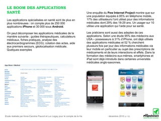 LE BOOM DES APPLICATIONS
 SANTÉ                                                                           Une enquête du Pew Internet Project montre que sur
                                                                                 une population équipée à 85% en téléphone mobile,
 Les applications spécialisées en santé sont de plus en                          17% des utilisateurs l’ont utilisé pour des informations
 plus nombreuses : on compte plus de 250 000                                     médicales dont 29% des 18-29 ans. Un usager sur 10
 applications iPhone et 30 000 sous Android.                                     utilise une application qui l’aide pour sa santé.

 On peut décomposer les applications médicales de la                             Les praticiens sont aussi des adeptes de ces
 manière suivante : guides thérapeutiques, calculateurs                          applications. Selon une étude 95% des médecins aux
 médicaux, fiches pratiques, analyse des                                         USA – possesseurs à 31% d’iPhone, ont déjà utilisés
 électrocardiogrammes (ECG); cotation des actes, aide                            des applications médicales et 52 % cherchent
 aux premiers secours, géolocalisation médicale.                                 plusieurs fois par jour des informations médicales via
 Quelques exemples                                                               leur mobile en particulier au sujet des prescriptions de
                                                                                 médicaments et de leurs interactions et effets. Dans la
                                                                                 formation des médecins eux-mêmes, smartphones et
                                                                                 iPad sont déjà introduits dans certaines universités
                                                                                 médicales anglo-saxonnes.




Etude réalisée par Anne-Caroline Paucot et Luc Legay pour le compte de la Haute Autorité de Santé le 10 décembre 2010 (v.1.0)
 