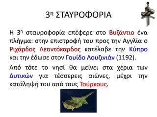 3η ΣΤΑΥΡΟΦΟΡΙΑ
Η 3η σταυροφορία επέφερε στο Βυζάντιο ένα
πλήγμα: στην επιστροφή του προς την Αγγλία ο
Ριχάρδος Λεοντόκαρδος κατέλαβε την Κύπρο
και την έδωσε στον Γουίδο Λουζινιάν (1192).
Από τότε το νησί θα μείνει στα χέρια των
Δυτικών για τέσσερεις αιώνες, μέχρι την
κατάληψή του από τους Τούρκους.
 