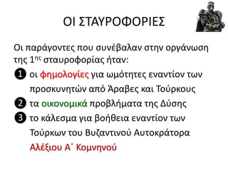 ΟΙ ΣΤΑΥΡΟΦΟΡΙΕΣ
Οι παράγοντες που συνέβαλαν στην οργάνωση
της 1ης σταυροφορίας ήταν:
❶ οι φημολογίες για ωμότητες εναντίον των
προσκυνητών από Άραβες και Τούρκους
❷ τα οικονομικά προβλήματα της Δύσης
❸ το κάλεσμα για βοήθεια εναντίον των
Τούρκων του Βυζαντινού Αυτοκράτορα
Αλέξιου Α΄ Κομνηνού
 