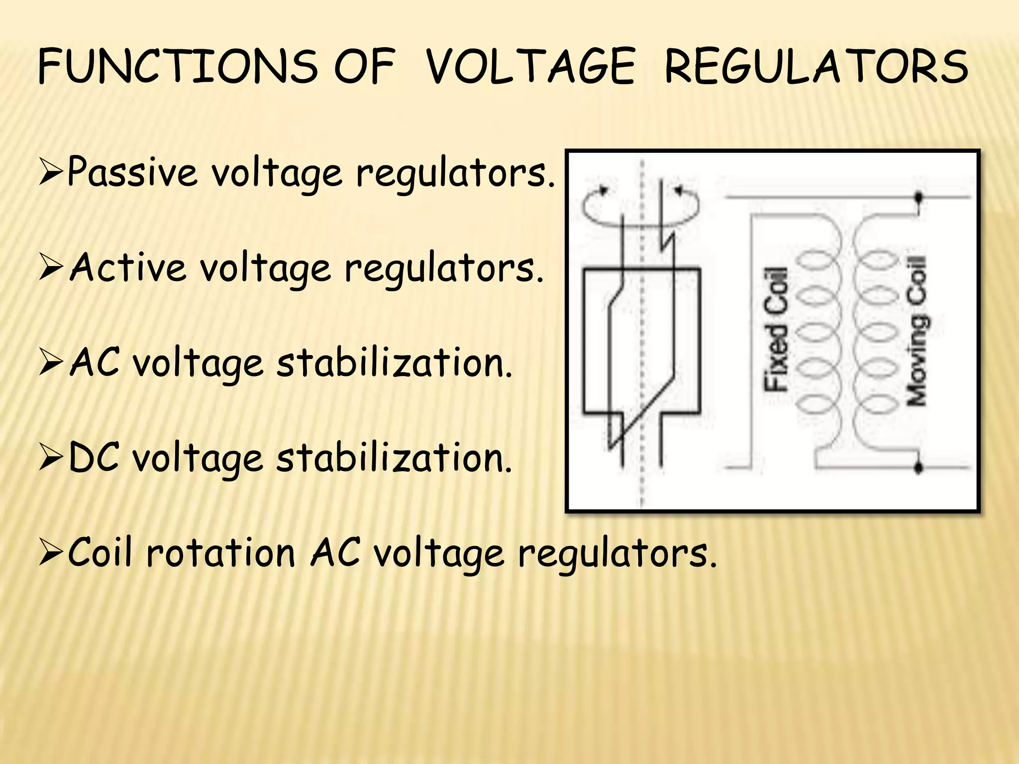 FUNCTIONS OF VOLTAGE REGULATORS

Passive voltage regulators.

Active voltage regulators.

AC voltage stabilization.

DC voltage stabilization.

Coil rotation AC voltage regulators.
 