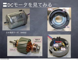 〓DCモータを見てみる
                                  ヨーク  
                                                    界磁  




                                                           界磁  


       日本電産サーボ DME60


                         整流子  
                        セグメント  

                                          ブラシ  

                                                  ブラシ  
               スロット  



                            4
2013年3月6日水曜日                                                      4
 