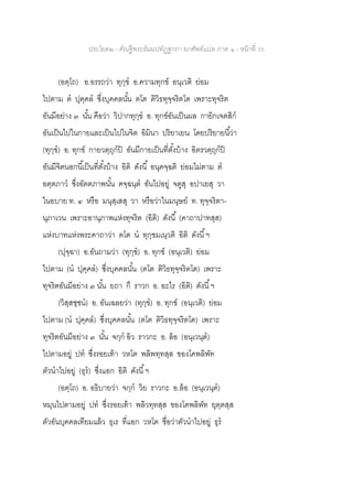 ประโยค๒ - คัณฐีพระธัมมปทัฏฐกถา ยกศัพท์แปล ภาค ๑ - หน้าที่ 35
(อตฺโถ) อ.อรรถว่า ทุกฺข อ.ความทุกข์ อนฺเวติ ย่อม
ไปตาม ต ปุคฺคล ซึ่งบุคคลนั้น ตโต ติวิธทุจฺจริตโต เพราะทุจริต
อันมีอย่าง ๓ นั้น คือว่า วิปากทุกฺข อ. ทุกข์อันเป็นผล กายิกเจตสิก
อันเป็นไปในกายและเป็นไปในจิต อิมินา ปริยาเยน โดยปริยายนี้ว่า
(ทุกฺข) อ. ทุกข์ กายวตฺถุกปิ อันมีกายเป็นที่ตั้งบ้าง อิตรวตฺถุกปิ
อันมีจิตนอกนี้เป็นที่ตั้งบ้าง อิติ ดังนี้ อนุคจฺฉติ ย่อมไม่ตาม ต
อตฺตภาว ซึ่งอัตตภาพนั้น คจฺฉนฺต อันไปอยู่ จตูสุ อปาเยสุ วา
ในอบาย ท. ๔ หรือ มนุสฺเสสุ วา หรือว่าในมนุษย์ ท. ทุจฺจริตา-
นุภาเวน เพราะอานุภาพแห่งทุจริต (อิติ) ดังนี้ (คาถาปาทสฺส)
แห่งบาทแห่งพระคาถาว่า ตโต น ทุกฺขมเนฺวติ อิติ ดังนี้ฯ
(ปุจฺฉา) อ.อันถามว่า (ทุกฺข) อ. ทุกข์ (อนฺเวติ) ย่อม
ไปตาม (น ปุคฺคล) ซึ่งบุคคลนั้น (ตโต ติวิธทุจฺจริตโต) เพราะ
ทุจริตอันมีอย่าง ๓ นั้น ยถา กึ ราวก อ. อะไร (อิติ) ดังนี้ฯ
(วิสฺสชฺชน) อ. อันเฉลยว่า (ทุกฺข) อ. ทุกข์ (อนฺเวติ) ย่อม
ไปตาม (น ปุคฺคล) ซึ่งบุคคลนั้น (ตโต ติวิธทุจฺจริตโต) เพราะ
ทุจริตอันมีอย่าง ๓ นั้น จกฺก อิว ราวกะ อ. ล้อ (อนฺเวนฺต)
ไปตามอยู่ ปท ซึ่งรอยเท้า วหโต พลิพทฺทสฺส ของโคพลิพัท
ตัวนาไปอยู่ (ธุร) ซึ่งแอก อิติ ดังนี้ฯ
(อตฺโถ) อ. อธิบายว่า จกฺก วิย ราวกะ อ.ล้อ (อนฺเวนฺต)
หมุนไปตามอยู่ ปท ซึ่งรอยเท้า พลิวทฺทสฺส ของโคพลิพัท ยุตฺตสฺส
ตัวอันบุคคลเทียมแล้ว ธุเร ที่แอก วหโต ชื่อว่าตัวนาไปอยู่ ธุร
 