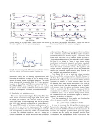 750 800 850 900
−100
0
100
200
Roll(deg)
True
D
A
750 800 850 900
−60
−40
−20
0
20
Pitch(deg)
750 800 850 900
−20
0
20
40
Yaw(deg)
time (0.0083s)
(a) Euler angles of the true value, method A and D estimates from time step
701 to time step 900, for the rfoot segment of jumping trial
750 800 850 900
−100
0
100
200
Roll(deg)
True
B
C
750 800 850 900
−60
−40
−20
0
20
Pitch(deg)
750 800 850 900
−20
0
20
40
Yaw(deg)
time (0.0083s)
(b) Euler angles of the true value, method B and C estimates from time step
701 to time step 900, for the rfoot segment of jumping trial
Figure 2.
750 800 850 900
0
20
40
60
Accmagnitude(m/s2
)
time step (0.0083s)
Figure 3. Acceleration magnitude of the true motion acceleration from time
step 701 to time step 900, for the rfoot segment of jumping trial
performance among the four ﬁltering implementations. The
reason for the improved accuracy of A is its ability to com-
pensate the human motion acceleration adaptively. The results
of the jumping trial, presented in Table III-IV, show a similar
tendency to the walking trial. However, comparing Table I-
II and Table III-IV, along with Figure 2-3, we can see that
the greater human motion acceleration during motion capture
results in increased error for all the ﬁlter implementations.
B. Data fusion with miniature sensors
The second experiment investigates the stability of the ﬁlter
under motion acceleration using single SMU sensor, when
the sensor was rotated for –90◦
and +90◦
along Z axis. The
sensor SMU used for this experiment was the micro-sensor
chip ADIS16405 which is produced by the Analog Devices.
The sensor SMU consists of a tri-axis accelerometer, a tri-
axis gyroscope and a tri-axis magnetometer. The sampling
frequency was 100Hz. The sensor was ﬁrst placed statically
with Z-axis pointing up vertically. Then it was rotated around
Z axis for –90◦
and then rotated back for +90◦
. During the
rotation, translation with motion acceleration was performed
at the same time. This process was repeated for several times
with a total time length of 40s. The Euler angles from these
estimation methods are shown in Figure 4, while local zoom
results from time step 451 to 1080 are shown in Figure 5.
The acceleration magnitude of time slices 451-1080 is present
in Figure 6. As shown in Figure 6, when human motion
acceleration is absent, the measured acceleration magnitude
from the sensor is close to the magnitude of gravity; however
when the motion acceleration occurs, the magnitude will
diverge from the magnitude gravity. Given the ground truth
of zeros, the estimation RMSE of angles along X and Y axes
are calculated and summarized in Table V.
From Figure 4-6, it can be seen that without correction
from fusion of other sensing, results of B and C ﬂuctuate for
all of the three angles under motion acceleration introduced.
From Table V and Figure 4-6, it can be seen that the proposed
algorithm, i.e., method A, has the smallest RMSE, and does
not ﬂuctuate much under motion acceleration. Also it can be
seen from Figure 4-6 that the orientation error of B and C
will increase when the motion acceleration became larger,
which is consistent with the simulation experiment. But the
orientation error of A does not increase much when the motion
acceleration grows. This is because during human motion,
the compensation of the accelerometer signals in method A
improves the accuracy of the ﬁlter.
From the comparison of these results, our algorithm has
shown its accuracy, stability and efﬁciency.
IV. CONCLUSIONS AND FUTURE WORK
In order to overcome the drift problem in micro-sensor
human motion capture, this paper presents an adaptive Kalman
ﬁlter, to estimate drift-free orientation of body segments. In
this ﬁlter, the integrated quaternion from gyroscope signals
is corrected by the gravity and magnetic direction from
accelerometer and magnetometer signals, respectively. The
1699
 