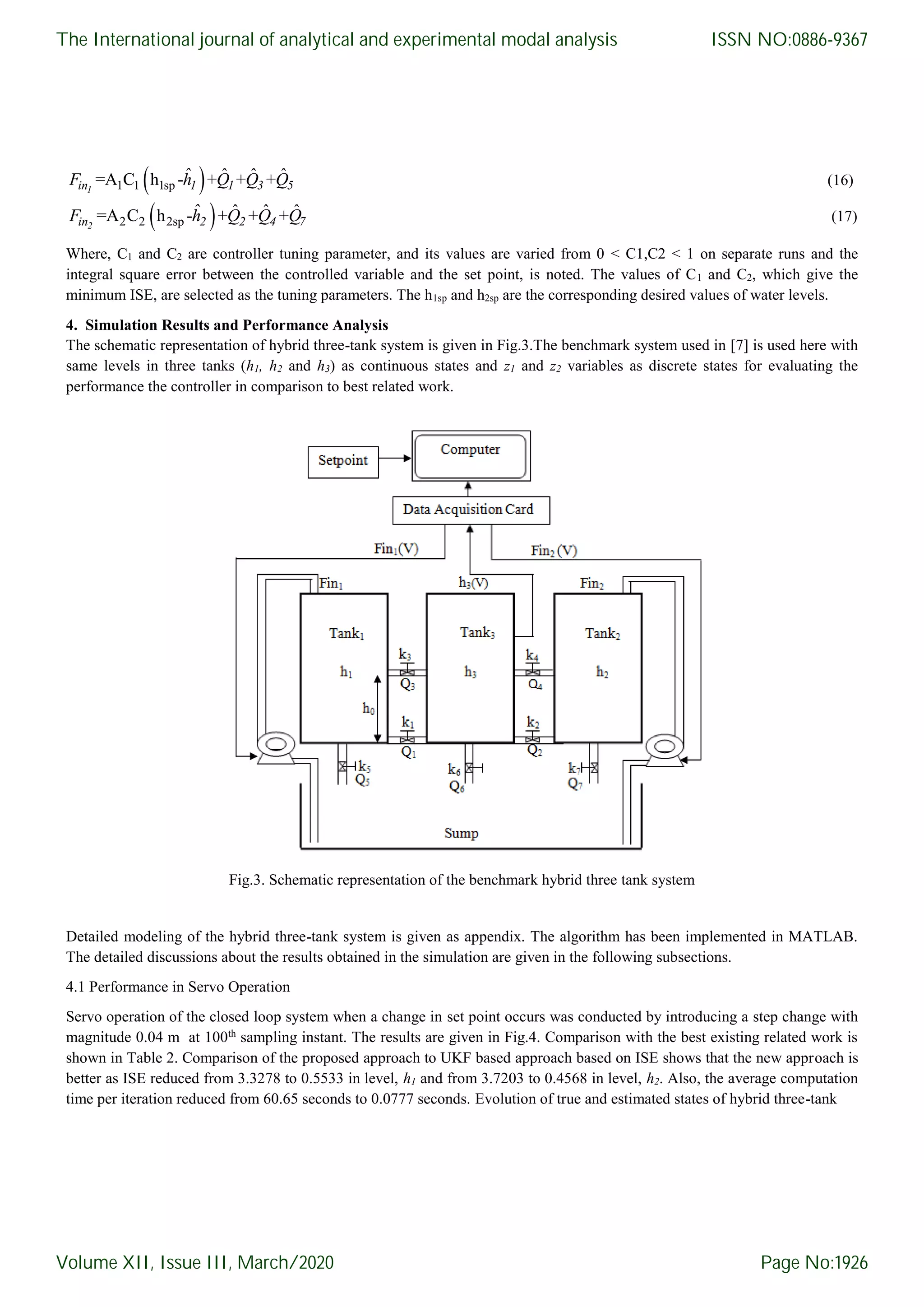  1 1 1sp ˆ ˆ ˆ ˆ=A C h - + + +1in 1 1 3 5F h Q Q Q (16)  2 2 2sp ˆ ˆ ˆ ˆ=A C h - + + +2in 2 2 4 7F h Q Q Q (17) Where, C1 and C2 are controller tuning parameter, and its values are varied from 0 < C1,C2 < 1 on separate runs and the integral square error between the controlled variable and the set point, is noted. The values of C1 and C2, which give the minimum ISE, are selected as the tuning parameters. The h1sp and h2sp are the corresponding desired values of water levels. 4. Simulation Results and Performance Analysis The schematic representation of hybrid three-tank system is given in Fig.3.The benchmark system used in [7] is used here with same levels in three tanks (h1, h2 and h3) as continuous states and z1 and z2 variables as discrete states for evaluating the performance the controller in comparison to best related work. Fig.3. Schematic representation of the benchmark hybrid three tank system Detailed modeling of the hybrid three-tank system is given as appendix. The algorithm has been implemented in MATLAB. The detailed discussions about the results obtained in the simulation are given in the following subsections. 4.1 Performance in Servo Operation Servo operation of the closed loop system when a change in set point occurs was conducted by introducing a step change with magnitude 0.04 m at 100th sampling instant. The results are given in Fig.4. Comparison with the best existing related work is shown in Table 2. Comparison of the proposed approach to UKF based approach based on ISE shows that the new approach is better as ISE reduced from 3.3278 to 0.5533 in level, h1 and from 3.7203 to 0.4568 in level, h2. Also, the average computation time per iteration reduced from 60.65 seconds to 0.0777 seconds. Evolution of true and estimated states of hybrid three-tank The International journal of analytical and experimental modal analysis Volume XII, Issue III, March/2020 ISSN NO:0886-9367 Page No:1926 
