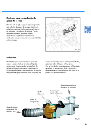 Radiador para recirculación de
gases de escape
El motor TDI de 1,2l posee un radiador para la
recirculación de gases de escape. Va situado
entre la carcasa de la chapaleta en el colector
de admisión y el colector de escape. Con la
refrigeración de los gases de escape
recirculados baja la temperatura de la
combustión y se produce una menor cantidad de
óxidos nítricos.




                                                                                                       223_012




Así funciona:

El radiador para recirculación de gases de                 escape recirculados pasan ante estos conductos,
escape va conectado al circuito del líquido                cediendo calor al líquido refrigerante.
refrigerante. Para agrandar la superficie de               Con ayuda de los gases de escape refrigerados
refrigeración se han pre-visto conductos con               se reduce la temperatura de la combustión,
forma de panal en el cuerpo metálico. El líquido           obteniéndose así una reducción adicional de la
refrigerante fluye a través de ellos. Los gases de         producción de óxidos nítricos.




                                                                                  Gases de escape hacia
                                                                                  el colector de admisión

                                                                 Empalme para
                                            Líquido
                                                                 líquido refrigerante
                                            refrigerante


                                  Aletas de
                                  refrigeración


Gases de escape
procedentes del
colector



                                                                                                       223_211


                                                                                                                 45
 