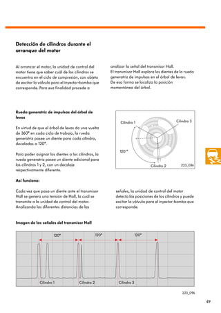 Detección de cilindros durante el
arranque del motor


Al arrancar el motor, la unidad de control del            analizar la señal del transmisor Hall.
motor tiene que saber cuál de los cilindros se            El transmisor Hall explora los dientes de la rueda
encuentra en el ciclo de compresión, con objeto           generatriz de impulsos en el árbol de levas.
de excitar la válvula para el inyector-bomba que          De esa forma se localiza la posición
corresponde. Para esa finalidad procede a                 momentánea del árbol.




Rueda generatriz de impulsos del árbol de
levas
                                                                Cilindro 1                       Cilindro 3
En virtud de que el árbol de levas da una vuelta
de 360° en cada ciclo de trabajo, la rueda
generatriz posee un diente para cada cilindro,
decalados a 120°.
                                                               120 °
Para poder asignar los dientes a los cilindros, la
rueda generatriz posee un diente adicional para
los cilindros 1 y 2, con un decalaje                                              Cilindro 2        223_036
respectivamente diferente.

Así funciona:

Cada vez que pasa un diente ante el transmisor               señales, la unidad de control del motor
Hall se genera una tensión de Hall, la cual se               detecta las posiciones de los cilindros y puede
transmite a la unidad de control del motor.                  excitar la válvula para el inyector-bomba que
Analizando las diferentes distancias de las                  corresponde.


Imagen de las señales del transmisor Hall


                         120°                      120°                    120°




                Cilindro 1            Cilindro 2              Cilindro 3

                                                                                                     223_096

                                                                                                               49
 
