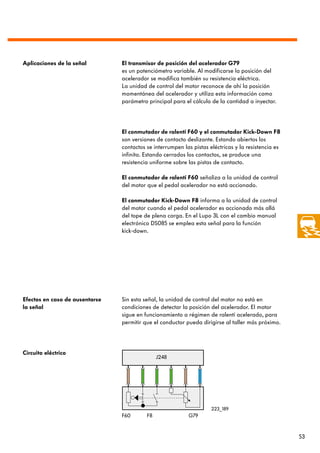 Aplicaciones de la señal        El transmisor de posición del acelerador G79
                                es un potenciómetro variable. Al modificarse la posición del
                                acelerador se modifica también su resistencia eléctrica.
                                La unidad de control del motor reconoce de ahí la posición
                                momentánea del acelerador y utiliza esta información como
                                parámetro principal para el cálculo de la cantidad a inyectar.




                                El conmutador de ralentí F60 y el conmutador Kick-Down F8
                                son versiones de contacto deslizante. Estando abiertos los
                                contactos se interrumpen las pistas eléctricas y la resistencia es
                                infinita. Estando cerrados los contactos, se produce una
                                resistencia uniforme sobre las pistas de contacto.

                                El conmutador de ralentí F60 señaliza a la unidad de control
                                del motor que el pedal acelerador no está accionado.

                                El conmutador Kick-Down F8 informa a la unidad de control
                                del motor cuando el pedal acelerador es accionado más allá
                                del tope de plena carga. En el Lupo 3L con el cambio manual
                                electrónico DS085 se emplea esta señal para la función
                                kick-down.




Efectos en caso de ausentarse   Sin esta señal, la unidad de control del motor no está en
la señal                        condiciones de detectar la posición del acelerador. El motor
                                sigue en funcionamiento a régimen de ralentí acelerado, para
                                permitir que el conductor pueda dirigirse al taller más próximo.




Circuito eléctrico
                                               J248




                                                                     223_189
                                F60       F8               G79


                                                                                                     53
 