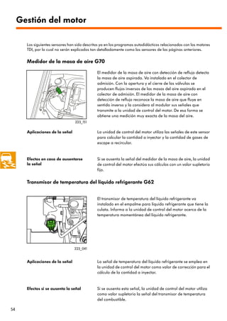 Gestión del motor

       Los siguientes sensores han sido descritos ya en los programas autodidácticos relacionados con los motores
       TDI, por lo cual no serán explicados tan detalladamente como los sensores de las páginas anteriores.


       Medidor de la masa de aire G70

                                               El medidor de la masa de aire con detección de reflujo detecta
                                               la masa de aire aspirada. Va instalado en el colector de
                                               admisión. Con la apertura y el cierre de las válvulas se
                                               producen flujos inversos de las masas del aire aspirado en el
                                               colector de admisión. El medidor de la masa de aire con
                                               detección de reflujo reconoce la masa de aire que fluye en
                                               sentido inverso y la considera al modular sus señales que
                                               transmite a la unidad de control del motor. De esa forma se
                                               obtiene una medición muy exacta de la masa del aire.
                                  223_151

       Aplicaciones de la señal                La unidad de control del motor utiliza las señales de este sensor
                                               para calcular la cantidad a inyectar y la cantidad de gases de
                                               escape a recircular.


       Efectos en caso de ausentarse           Si se ausenta la señal del medidor de la masa de aire, la unidad
       la señal                                de control del motor efectúa sus cálculos con un valor supletorio
                                               fijo.


       Transmisor de temperatura del líquido refrigerante G62


                                               El transmisor de temperatura del líquido refrigerante va
                                               instalado en el empalme para líquido refrigerante que tiene la
                                               culata. Informa a la unidad de control del motor acerca de la
                                               temperatura momentánea del líquido refrigerante.




                                  223_041


       Aplicaciones de la señal                La señal de temperatura del líquido refrigerante se emplea en
                                               la unidad de control del motor como valor de corrección para el
                                               cálculo de la cantidad a inyectar.


       Efectos si se ausenta la señal          Si se ausenta esta señal, la unidad de control del motor utiliza
                                               como valor supletorio la señal del transmisor de temperatura
                                               del combustible.

54
 