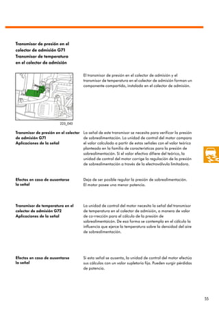Transmisor de presión en el
colector de admisión G71
Transmisor de temperatura
en el colector de admisión

                                       El transmisor de presión en el colector de admisión y el
                                       transmisor de temperatura en el colector de admisión forman un
                                       componente compartido, instalado en el colector de admisión.




                         223_043

Transmisor de presión en el colector La señal de este transmisor se necesita para verificar la presión
de admisión G71                      de sobrealimentación. La unidad de control del motor compara
Aplicaciones de la señal             el valor calculado a partir de estas señales con el valor teórico
                                     planteado en la familia de características para la presión de
                                     sobrealimentación. Si el valor efectivo difiere del teórico, la
                                     unidad de control del motor corrige la regulación de la presión
                                     de sobrealimentación a través de la electroválvula limitadora.


Efectos en caso de ausentarse          Deja de ser posible regular la presión de sobrealimentación.
la señal                               El motor posee una menor potencia.




Transmisor de temperatura en el        La unidad de control del motor necesita la señal del transmisor
colector de admisión G72               de temperatura en el colector de admisión, a manera de valor
Aplicaciones de la señal               de co-rrección para el cálculo de la presión de
                                       sobrealimentaicón. De esa forma se contempla en el cálculo la
                                       influencia que ejerce la temperatura sobre la densidad del aire
                                       de sobrealimentación.




Efectos en caso de ausentarse          Si esta señal se ausenta, la unidad de control del motor efectúa
la señal                               sus cálculos con un valor supletorio fijo. Pueden surgir pérdidas
                                       de potencia.




                                                                                                           55
 