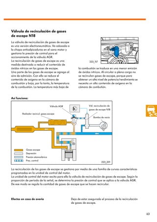 Válvula de recirculación de gases
de escape N18
La válvula de recirculación de gases de escape
es una versión electroneumática. Va adosada a
la chapa antisalpicaduras en el vano motor y
gestiona la presión de control para el
accionamiento de la válvula AGR.
La recirculación de gases de escape es una                       223_157
medida destinada a reducir el contenido de
óxidos nítricos en los gases de escape.                 la combustión se traduce en una menor emisión
Una parte de los gases de escape se agrega al           de óxidos nítricos. Al circular a plena carga no
aire de admisión. Con ello se reduce el                 se recirculan gases de escape, porque para
contenido de oxígeno en la cámara de                    obtener un alto nivel de potencia/rendimiento se
combustión y baja, por lo tanto, la temperatura         necesita un alto contenido de oxígeno en la
de la combustión. La temperatura más baja de            cámara de combutión.


Así funciona:

                                   Válvula AGR                  Vál. recirculación de
                                                                gases de escape N18
         Radiador recircul. gases escape
                                                                    Bomba de vacío




            Gases escape
            Depresión
            Presión atomosférica
            Pres. control
                                                                            223_201


La recirculación de los gases de escape se gestiona por medio de una familia de curvas características
programadas en la unidad de control del motor.
La unidad de control del motor excita para ello la válvula de recirculación de gases de escape. Según la
proporción de periodo de la señal, se determina la presión de control que se aplica a la válvula AGR.
De ese modo se regula la cantidad de gases de escape que se hacen recircular.




Efectos en caso de avería                         Deja de estar asegurado el proceso de la recirculación
                                                  de gases de escape.


                                                                                                           63
 