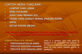 CONTOH MEDIA YANG BAIK :
1. LUMPUR YANG LUNAK
2. DEBU VULKANIK
3. SUHU YANG RENDAH (ES)
4. UDARA YANG SANGAT KERING (PADANG PASIR)
5. ASPAL
6. GETAH POHON (RESIN)
FOSIL HEWAN LAUT LEBIH BANYAK DIJUMPAI DARIPADA HEWAN TERRESTRIS
DAN FOSIL HEWAN AIR LEBIH BANYAK DARIPADA FOSIL DARAT.
PEMBENTUKAN FOSIL DIDARAT,
 TERPERANGKAP DALAM AMBER
 TERTUTUP OLEH DEBU VULKANIK
 TERTUTUP OLEH ENDAPAN LOESS
Loess is a geologic term that refers to
deposits of silt (sediment with particles 2-
64 microns in diameter) that have been laid
down by wind action (aeolian activity to
geologists).
 