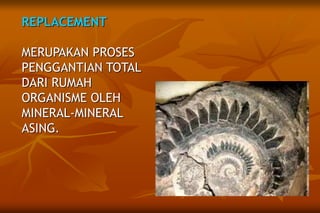 REPLACEMENT
MERUPAKAN PROSES
PENGGANTIAN TOTAL
DARI RUMAH
ORGANISME OLEH
MINERAL-MINERAL
ASING.
 