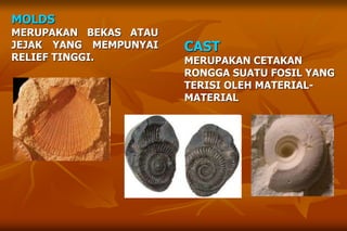 MOLDS
MERUPAKAN BEKAS ATAU
JEJAK YANG MEMPUNYAI
RELIEF TINGGI.
CAST
MERUPAKAN CETAKAN
RONGGA SUATU FOSIL YANG
TERISI OLEH MATERIAL-
MATERIAL
 