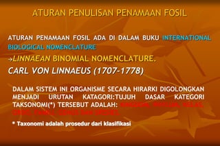 ATURAN PENULISAN PENAMAAN FOSIL
ATURAN PENAMAAN FOSIL ADA DI DALAM BUKU INTERNATIONAL
BIOLOGICAL NOMENCLATURE
LINNAEAN BINOMIAL NOMENCLATURE.
CARL VON LINNAEUS (1707-1778)
DALAM SISTEM INI ORGANISME SECARA HIRARKI DIGOLONGKAN
MENJADI URUTAN KATAGORI:TUJUH DASAR KATEGORI
TAKSONOMI(*) TERSEBUT ADALAH: KINGDOM, PHYLUM, KELAS,
ORDO, FAMILI, GENUS DAN SPESIES.
* Taxonomi adalah prosedur dari klasifikasi
 