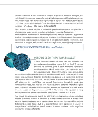 A expansão da safra de soja, junto com o aumento da produção de carnes e frangos, está
contribuindo intensamente para o saldo positivo da balança comercial brasileira nos últimos
anos. O país hoje é líder mundial nas exportações de açúcar (48% do total), carne bovina
(18%), café (30%) e suco de laranja (39%). Além disso, ocupa a vice-liderança em produtos
como soja (32%), álcool (40%) e carne de frango (27%).
Dessa maneira, cumpre destacar o setor como grande demandante de soluções em TI,
principalmente para o uso em pesquisas vinculadas à genômica. Destacamos:
• Inovações em bioinformática, com destaque para as áreas de proteômica e genômica,
predição e interação molecular, modelagem e simulação em fisiologia vegetal, sistemas para
agricultura de precisão (geotecnologias), uso de processamento de alto desempenho para
tratamento de imagens, web semântica aplicada à agricultura, modelagem agroambiental.

 INVESTIMENTOS PREVISTOS EM P,D&I 2012-2015: em 20 milhões




                         mercado de Software Para finanças
                          O setor financeiro destaca-se como uma das atividades que
                          apresenta maior intensidade no uso de TI no Brasil. O mercado
                          brasileiro de software para o setor financeiro representou
                          aproximadamente R$ 6,8 bilhões em 2010. A presença de TI




                                                                                              Programa estratégico de Software e serviços de tecnologia da informação
                          tem crescido em uso e desenvolvimento de várias formas, como
resultado da complexidade relativa ao processamento dos sistemas internos que são ampli-
ficados pela pluralidade de canais de atendimento. Destaca-se o crescimento acelerado
no número de transações bancárias – em 2003 eram 26 bilhões de transações, chegando
a 60 bilhões em 2011 (ou 112% de crescimento). Outro aspecto ilustrado é a mudança no
perfil das transações, pois elas são cada vez mais geradas de forma automática e pelos
meios de internet, autoatendimento e débitos autorizados. Importante frisar que o setor
financeiro investe em TI aproximadamente 3-4% do faturamento bruto, o que coloca o seg-
mento como um dos maiores demandantes de software e serviços de TI no país.
Esse cenário de desempenho pujante do setor financeiro deve prosseguir, mesmo diante
da crise econômica mundial. A tendência é de crescimento associado a fatores como,
aumento da participação de novas plataformas de acesso a serviços bancários, aumento
da bancarização das classes C, D e E, surgimento das novas aplicações e serviços e,
perspectiva de continuidade da fase virtuosa da economia brasileira. Assim, sugerimos
as seguintes áreas para fomento:                                                              27
 