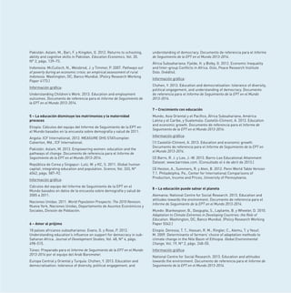 Pakistán: Aslam, M., Bari, F. y Kingdon, G. 2012. Returns to schooling,
ability and cognitive skills in Pakistan. Education Economics, Vol. 20,
N° 2, págs. 139–73.
Indonesia: McCulloch, N., Weisbrod, J. y Timmer, P. 2007. Pathways out
of poverty during an economic crisis: an empirical assessment of rural
Indonesia. Washington, DC, Banco Mundial. (Policy Research Working
Paper 4173.)
Información gráﬁca:
Understanding Children’s Work. 2013. Education and employment
outcomes. Documento de referencia para el Informe de Seguimiento de
la EPT en el Mundo 2013-2014.

understanding of democracy. Documento de referencia para el Informe
de Seguimiento de la EPT en el Mundo 2013-2014.
África Subsahariana: Fjelde, H. y Østby, G. 2012. Economic Inequality
and Inter-group Conﬂicts in Africa. Oslo, Peace Research Institute
Oslo. (Inédito).
Información gráﬁca:
Chzhen, Y. 2013. Education and democratisation: tolerance of diversity,
political engagement, and understanding of democracy. Documento
de referencia para el Informe de Seguimiento de la EPT en el Mundo
2013-2014.
7 – Crecimiento con educación

5 – La educación disminuye los matrimonios y la maternidad
precoces
Etiopía: Cálculos del equipo del Informe de Seguimiento de la EPT en
el Mundo basados en la encuesta sobre demografía y salud de 2011.
Angola: ICF International. 2012. MEASURE DHS STATcompiler.
Calverton, Md., ICF International.
Pakistán: Aslam, M. 2013. Empowering women: education and the
pathways of change. Documento de referencia para el Informe de
Seguimiento de la EPT en el Mundo 2013-2014.
República de Corea y Singapur: Lutz, W. y KC, S. 2011. Global human
capital: integrating education and population. Science, Vol. 333, N°
6042, págs. 587–92.
Información gráﬁca:
Cálculos del equipo del Informe de Seguimiento de la EPT en el
Mundo basados en datos de la encuesta sobre demografía y salud de
2005 a 2011.
Naciones Unidas. 2011. World Population Prospects: The 2010 Revision.
Nueva York, Naciones Unidas, Departamento de Asuntos Económicos y
Sociales, División de Población.

Mundo, Asia Oriental y el Pacíﬁco, África Subsahariana, América
Latina y el Caribe, y Guatemala: Castelló-Climent, A. 2013. Education
and economic growth. Documento de referencia para el Informe de
Seguimiento de la EPT en el Mundo 2013-2014.
Información gráﬁca:
(1) Castelló-Climent, A. 2013. Education and economic growth.
Documento de referencia para el Informe de Seguimiento de la EPT en
el Mundo 2013-2014.
(2) Barro, R. J. y Lee, J.-W. 2013. Barro-Lee Educational Attainment
Dataset. www.barrolee.com. (Consultado el 4 de abril de 2013.)
(3) Heston, A., Summers, R. y Aten, B. 2012. Penn World Table Version
7.1. Philadelphia, Pa., Center for International Comparisons of
Production, Income and Prices, University of Pennsylvania.
8 – La educación puede salvar el planeta
Alemania: National Centre for Social Research. 2013. Education and
attitudes towards the environment. Documento de referencia para el
Informe de Seguimiento de la EPT en el Mundo 2013-2014.

6 – Amor al prójimo

Mundo: Blankespoor, B., Dasgupta, S., Laplante, B. y Wheeler, D. 2010.
Adaptation to Climate Extremes in Developing Countries: the Role of
Education. Washington, DC, Banco Mundial. (Policy Research Working
Paper 5342.)

18 países africanos subsaharianos: Evans, G. y Rose, P. 2012.
Understanding education’s inﬂuence on support for democracy in subSaharan Africa. Journal of Development Studies, Vol. 48, N° 4, págs.
498–515.

Etiopía: Deressa, T. T., Hassan, R. M., Ringler, C., Alemu, T. y Yesuf,
M. 2009. Determinants of farmers’ choice of adaptation methods to
climate change in the Nile Basin of Ethiopia. Global Environmental
Change, Vol. 19, N° 2, págs. 248–55.

Túnez: Preparado para el Informe de Seguimiento de la EPT en el Mundo
2013-2014 por el equipo del Arab Barometer.

Información gráﬁca:

Europa Central y Oriental y Turquía: Chzhen, Y. 2013. Education and
democratisation: tolerance of diversity, political engagement, and

National Centre for Social Research. 2013. Education and attitudes
towards the environment. Documento de referencia para el Informe de
Seguimiento de la EPT en el Mundo 2013-2014.

 