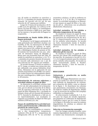 nas. El medio se esterilizó en autoclave a
121 ºC y 1 atmósfera de presión durante 20
minutos. Se inoculó con 0,2 mL de una
solución de 107 esporas por mililitro.
Luego de 72 horas de incubación a 30 ºC
y 200 r.p.m de agitación, los cultivos se filtraron con lana de vidrio y se centrifugaron
durante 20 minutos a 5000 r.p.m. para separar las esporas y las partículas de bagazo en
suspensión.
Fermentación en Estado Sólido (FES) en
bagazo pretratado
Se pesaron 5 g de bagazo pretratado de
caña pretratado por hidrólisis alcalina con
Ca(OH)2 al 5%, en erlenmeyers de 500 mL
como única fuente de carbono, se suplementó con urea al 2%, sulfato de amonio al
5% y dihidrógeno fosfato de potasio al 5%.
El sustrato fue humedecido con una solución de elementos trazas de Mandels y
Reese para una humedad final del 70%. El
medio se esterilizó en autoclave a 121 ºC y
1 atmósfera de presión durante 20 minutos.
Se inoculó cada erlenmeyer con 1 mL de
una solución de 107 esporas por mililitro.
Se incubó durante 72 horas en estático a
30 ºC. Luego, se realizó una extracción simple utilizando una prensa hidráulica (Carl
Zeiss, Alemania) con la aplicación de una
presión manométrica de 20 MPa. Los extractos crudos fueron los sobrenadantes obtenidos por centrifugación a 5000 r.p.m. durante 20 minutos.
Determinación de azúcares reductores y
actividad celulasa en papel de filtro
Se determinó la actividad celulasa total
de 0,5 mL del sobrenadante de la fermentación, por el cálculo en función de la liberación de azúcares reductores de una tira de
papel de filtro Whatman No.1, incubado en
tampón citrato pH 4,8 durante 60 minutos a
50 °C, leyendo la absorbancia a 540 nm en
un espectrofotómetro. Los resultados se
expresan en Unidades de Papel de Filtro por
mililitro (UPF/mL) (25, 26).
Ensayo de estabilidad de la actividad enzimática post-fermentación a diferentes temperaturas de conservación
Los extractos centrifugados se conservaron a dos temperaturas: temperatura
ambiente (TA) de 30 ºC y temperatura de
refrigeración (TF) de 10 ºC. La actividad
6

enzimática celulasa y el pH se midieron en
las horas: 0, 1, 2, 3, 24, 48 y 72 respectivamente. La actividad enzimática se determinó por ensayo en papel de filtro y los valores de pH se obtuvieron con un pHmetro
(Radiometer, Dinamarca).
Actividad enzimática de los aislados a
diferentes temperaturas de reacción
Se empleó el ensayo en papel de filtro
modificando la temperatura de reacción.
Se ensayaron las temperaturas de 30, 40 y
50 ºC respectivamente para los extractos
de los aislados seleccionados. Se incubó
en baño termostatado (Janke & Kunkel,
Alemania) durante 1 hora de reacción y
pH 4,8.
Actividad enzimática de los aislados a
diferentes pH de reacción
Se empleó el ensayo en papel de filtro
descrito por Ghose (26) modificando el pH
de reacción. Se ensayaron a los pH 5,5; 6,2;
7,2 y 8,3 respectivamente para los extractos
de los aislados seleccionados. Se incubó en
baño termostatado (Janke & Kunkel,
Alemania) durante 1 hora de reacción y
temperatura de 50 ºC.
RESULTADOS
Aislamiento y preselección en medio
Celulosa Agar
De los 30 hongos filamentosos con crecimiento en medio CA, solo 9 presentaron un
halo definido de degradación de celulosa,
por aclaración del medio, como se observa
en la figura 1. Se desecharon las colonias
que presentaron crecimiento con biomasa,
sin indicios visibles de degradación, debido
a que la excreción de enzimas del complejo
celulolítico es despreciable.
Se seleccionaron 5 aislados (6, 7, 8, 13 y
21) para las etapas de estudio siguientes,
por presentar un coeficiente de degradación
celulolítica mayor que 0,3 como se ilustra
en la figura 2. En todos los casos los mejores
degradadores de celulosa se aislaron del
bagazo enmohecido.
Selección en fermentación sumergida
Con los hongos preseleccionados como
mejores degradadores de celulosa cristalina,
se realizó una fermentación sumergida en
ICIDCA 45 (1) 2011

 
