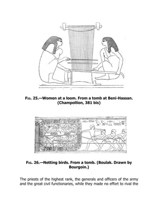 Fig. 25.—Women at a loom. From a tomb at Beni-Hassan.
(Champollion, 381 bis)
Fig. 26.—Netting birds. From a tomb. (Boulak. Drawn by
Bourgoin.)
The priests of the highest rank, the generals and officers of the army
and the great civil functionaries, while they made no effort to rival the
 