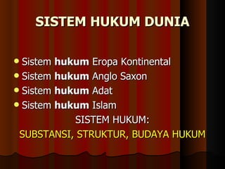 SISTEM   HUKUM DUNIA   Sistem  hukum  Eropa Kontinental Sistem  hukum  Anglo Saxon Sistem  hukum  Adat Sistem  hukum  Islam SISTEM HUKUM: SUBSTANSI, STRUKTUR, BUDAYA HUKUM 