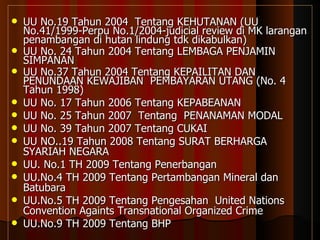 UU No.19 Tahun 2004  Tentang KEHUTANAN  (UU No.41/1999-Perpu No.1/2004-judicial review di MK larangan penambangan di hutan lindung tdk dikabulkan) UU No. 24 Tahun 2004 Tentang LEMBAGA PENJAMIN SIMPANAN UU No.37 Tahun 2004 Tentang KEPAILITAN DAN PENUNDAAN KEWAJIBAN  PEMBAYARAN UTANG (No. 4  Tahun 1998) UU No. 17 Tahun 2006 Tentang KEPABEANAN UU No.  25  Tahun  2007   Tentang  PENANAMAN MODAL  UU No. 39 Tahun 2007 Tentang CUKAI UU NO..19 Tahun 2008 Tentang SURAT BERHARGA SYARIAH NEGARA UU. No.1 TH 2009 Tentang Penerbangan UU.No.4 TH 2009 Tentang Pertambangan Mineral dan Batubara UU.No.5 TH 2009 Tentang Pengesahan  United Nations Convention Againts Transnational Organized Crime UU.No.9 TH 2009 Tentang BHP 