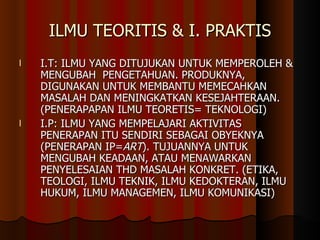 ILMU TEORITIS & I. PRAKTIS I.T: ILMU YANG DITUJUKAN UNTUK MEMPEROLEH & MENGUBAH  PENGETAHUAN. PRODUKNYA, DIGUNAKAN UNTUK MEMBANTU MEMECAHKAN MASALAH DAN MENINGKATKAN KESEJAHTERAAN. (PENERAPAPAN ILMU TEORETIS= TEKNOLOGI) I.P: ILMU YANG MEMPELAJARI AKTIVITAS PENERAPAN ITU SENDIRI SEBAGAI OBYEKNYA (PENERAPAN IP= ART ). TUJUANNYA UNTUK MENGUBAH KEADAAN, ATAU MENAWARKAN PENYELESAIAN THD MASALAH KONKRET. (ETIKA, TEOLOGI, ILMU TEKNIK, ILMU KEDOKTERAN, ILMU HUKUM, ILMU MANAGEMEN, ILMU KOMUNIKASI) 