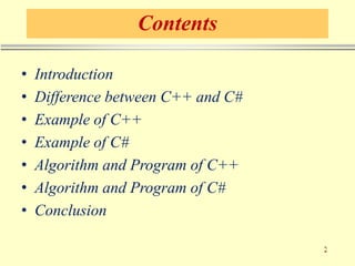 Contents
• Introduction
• Difference between C++ and C#
• Example of C++
• Example of C#
• Algorithm and Program of C++
• Algorithm and Program of C#
• Conclusion
 