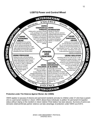 12
AFAHO CASE MANAGEMENT PROTOCOL
UPDATED 4/6/16
LGBTQ Power and Control Wheel
Protection under The Violence Against Women Act (VAWA)
VAWA applies to spouses of citizens and permanent residents and also to children under 21 who have a parent
who is a permanent resident or citizen. VAWA allows these individuals to petition for permanent immigration
status without relying on the resident or citizen relative if that relative has been abusive. Survivors of same-sex
domestic violence/intimate partner violence can take advantage of protection under VAWA as of 2013.
 