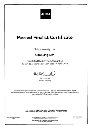 Passed Finalist Certificated - CAT June 2013