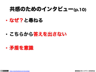 https://www.facebook.com/keio.design              慶應義塾大学SFCデザイン思考研究会
１分：働き方への問題意識をメモ
（職場環境、キャリア、社会変化等）
5分 ２人：ペアになってお互いの問題
意識をインタビュー
ポスト・イットにメモ！
ワーク：ペア・インタビュー
 