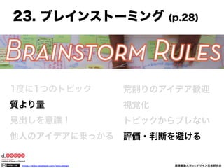 https://www.facebook.com/keio.design              慶應義塾大学SFCデザイン思考研究会
可能性のあるアイデアを
選択・発展させる
⃝創造的・粗
雑・不十分・未
発達のアイデア
実現可能性
に向けてア
イデア発展
可能性で選ぶ
プロトタイピング
フィードバック
 
