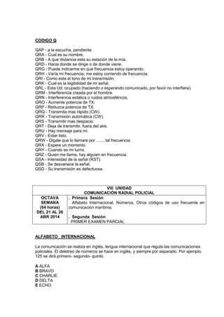 CODIGO Q
QAP - a la escucha, pendiente.
QRA - Cual es su nombre.
QRB - A que distancia esta su estación de la mía.
QRD - Hacia donde se dirige o de donde viene.
QRG - Puede indicarme en que frecuencia estoy operando.
QRH - Varía mi frecuencia, me estoy corriendo de frecuencia.
QRI - Como esta el tono de mi transmisión.
QRK - Cual es la legibilidad de mi señal.
QRL - Esta Ud. ocupado (haciendo o esperando comunicado, por favor no interfiera).
QRM - Interferencia creada por el hombre.
QRN - Interferencia estática o ruidos atmosféricos.
QRO - Aumente potencia de TX.
QRP - Reduzca potencia de TX.
QRQ - Transmita mas rápido (CW).
QRR - Transmisión automática (CW).
QRS - Transmitir mas despacio.
QRT - Deja de transmitir, fuera del aire.
QRU - Hay mensaje para mi.
QRV - Estar listo.
QRW - Digale que lo llamare por ....... tal frecuencia.
QRX - Espere un momento.
QRY - Cuando es mi turno.
QRZ - Quien me llama, hay alguien en frecuencia.
QSA - Intensidad de la señal (RST).
QSB - Se desvanece la señal.
QSD - Su transmisión es defectuosa.
VIII UNIDAD
COMUNICACIÓN RADIAL POLICIAL
OCTAVA
SEMANA
(04 horas)
DEL 21 AL 26
ABR 2014
. Primera Sesión
Alfabeto Internacional, Números, Otros códigos de uso frecuente en
comunicación marítima,
. Segunda Sesión
PRIMER EXAMEN PARCIAL
ALFABETO INTERNACIONAL
La comunicación se realiza en inglés, lengua internacional que regula las comunicaciones
policiales. El deletreo de números se hace en inglés, y siempre por separado. Por ejemplo,
125 se dirá primero- segundo- quinto.
A ALFA
B BRAVO
C CHARLIE
D DELTA
E ECHO
 