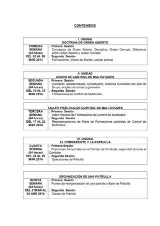 CONTENIDOS
I UNIDAD
DOCTRINA DE ORDEN ABIERTO
PRIMERA
SEMANA
(04 horas)
DEL 03 AL 08
MAR 2014
. Primera Sesión
Conceptos de Orden Abierto, Disciplina, Orden Cerrado, Diferencia
entre Orden Abierto y Orden Cerrado
. Segunda Sesión
Formaciones, Voces de Mando, saludo policial
II UNIDAD
GRUPO DE CONTROL DE MULTIUTUDES
SEGUNDA
SEMANA
(04 horas)
DEL 10 AL 15
MAR 2014
. Primera Sesión
Concepto, características, Constitución, Deberes Generales del Jefe de
Grupo, empleo de armas y granadas
. Segunda Sesión
Formaciones de Control de Multitudes
TALLER PRÁCTICO DE CONTROL DE MULTIUTUDES
TERCERA
SEMANA
(04 horas)
DEL 17 AL 22
MAR 2014
. Primera Sesión
Taller Práctico de Formaciones de Control de Multitudes
. Segunda Sesión
Representaciones de Roles de Formaciones policiales de Control de
Multitudes
III UNIDAD
EL COMBATIENTE Y LA PATRULLA
CUARTA
SEMANA
(04 horas)
DEL 24 AL 29
MAR 2014
. Primera Sesión
Posiciones Temporales en el Campo de Combate, seguridad durante el
Combate
. Segunda Sesión
Operaciones de Patrulla
ORGANIZACIÓN DE UNA PATRULLA
QUINTA
SEMANA
(04 horas)
DEL 31MAR AL
05 ABR 2014
. Primera Sesión
Puntos de reorganización de una patrulla y Base de Patrulla
. Segunda Sesión
Clases de Patrulla
 