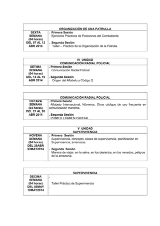 ORGANIZACIÓN DE UNA PATRULLA
SEXTA
SEMANA
(04 horas)
DEL 07 AL 12
ABR 2014
. Primera Sesión
Ejercicios Prácticos de Posiciones del Combatiente
. Segunda Sesión
Taller – Practico de la Organización de la Patrulla
IV UNIDAD
COMUNICACIÓN RADIAL POLICIAL
SETIMA
SEMANA
(04 horas)
DEL 14 AL 19
ABR 2014
. Primera Sesión
Comunicación Radial Policial
. Segunda Sesión
Origen del Alfabeto y Código Q
COMUNICACIÓN RADIAL POLICIAL
OCTAVA
SEMANA
(04 horas)
DEL 21 AL 26
ABR 2014
. Primera Sesión
Alfabeto Internacional, Números, Otros códigos de uso frecuente en
comunicación marítima.
. Segunda Sesión
PRIMER EXAMEN PARCIAL
V UNIDAD
SUPERVIVENCIA
NOVENA
SEMANA
(04 horas)
DEL 28ABR
03MAY2014
. Primera Sesión
Supervivencia, concepto, bases de supervivencia, planificación en
Supervivencia, amenazas.
. Segunda Sesión
Manera de viajar, en la selva, en los desiertos, en los nevados, peligros
de la amazonia.
SUPERVIVENCIA
DECIMA
SEMANA
(04 horas)
DEL 05MAY
10MAY2014
.
Taller Práctico de Supervivencia
.
 