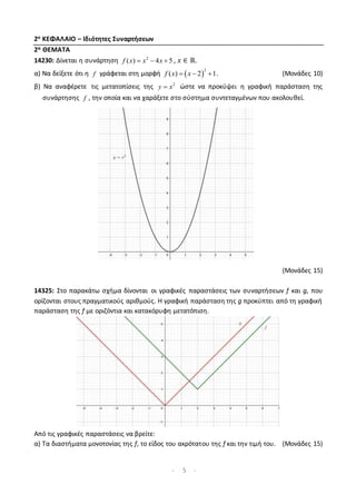 - 5 -
2ο ΚΕΦΑΛΑΙΟ – Ιδιότητες Συναρτήσεων
2α ΘΕΜΑΤΑ
14230: Δίνεται η συνάρτηση 2
( ) 4 5
f x x x
   , 𝑥 ∈ ℝ.
α) Να δείξετε ότι η f γράφεται στη μορφή  
2
( ) 2 1
f x x
   . (Μονάδες 10)
β) Να αναφέρετε τις μετατοπίσεις της 2
y x
 ώστε να προκύψει η γραφική παράσταση της
συνάρτησης f , την οποία και να χαράξετε στο σύστημα συντεταγμένων που ακολουθεί.
(Μονάδες 15)
14325: Στο παρακάτω σχήμα δίνονται οι γραφικές παραστάσεις των συναρτήσεων f και g, που
ορίζονται στους πραγματικούς αριθμούς. Η γραφική παράσταση της g προκύπτει από τη γραφική
παράσταση της f με οριζόντια και κατακόρυφη μετατόπιση.
Από τις γραφικές παραστάσεις να βρείτε:
α) Τα διαστήματα μονοτονίας της f, το είδος του ακρότατου της f και την τιμή του. (Μονάδες 15)
 