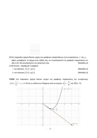 - 20 -
β) Στο παρακάτω σχήμα δίνεται μέρος των γραφικών παραστάσεων των συναρτήσεων f και g .
Αφού μεταφέρετε το σχήμα στην κόλλα σας, να συμπληρώσετε τις γραφικές παραστάσεις σε
όλο το ℝ. Να αιτιολογήσετε την απάντησή σας. (Μονάδες 6)
γ) Να λύσετε , αλγεβρικά ή γραφικά:
i. την εξίσωση    
f x g x
 . (Μονάδες 6)
ii. την ανίσωση    
f x g x
 . (Μονάδες 6)
17919: Στο παρακάτω σχήμα δίνεται τμήμα της γραφικής παράστασης της συνάρτησης
3
1
( )
4
f x x x
  , 𝑥 ∈ ℝ και η ευθεία που διέρχεται από τα σημεία
3
1,
4
 
 
 
 
και  
4, 3
  .
 