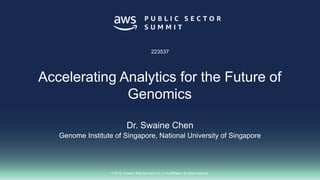 © 2018, Amazon Web Services, Inc. or its affiliates. All rights reserved.
Dr. Swaine Chen
Genome Institute of Singapore, National University of Singapore
223537
Accelerating Analytics for the Future of
Genomics
 