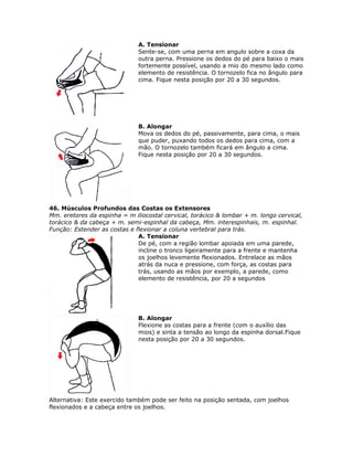 A. Tensionar
                              Sente-se, com uma perna em angulo sobre a coxa da
                              outra perna. Pressione os dedos do pé para baixo o mais
                              fortemente possível, usando a mio do mesmo lado como
                              elemento de resistência. O tornozelo fica no ângulo para
                              cima. Fique nesta posição por 20 a 30 segundos.




                              B. Alongar
                              Mova os dedos do pé, passivamente, para cima, o mais
                              que puder, puxando todos os dedos para cima, com a
                              mão. O tornozelo também ficará em ângulo a cima.
                              Fique nesta posição por 20 a 30 segundos.




46. Músculos Profundos das Costas os Extensores
Mm. eretores da espinha = m iliocostal cervical, torácico & lombar + m. longo cervical,
torácico & da cabeça + m. semi-espinhal da cabeça, Mm. interespinhais, m. espinhal.
Função: Estender as costas e flexionar a coluna vertebral para trás.
                              A. Tensionar
                              De pé, com a região lombar apoiada em uma parede,
                              incline o tronco ligeiramente para a frente e mantenha
                              os joelhos levemente flexionados. Entrelace as mãos
                              atrás da nuca e pressione, com força, as costas para
                              trás, usando as mãos por exemplo, a parede, como
                              elemento de resistência, por 20 a segundos




                              B. Alongar
                              Flexione as costas para a frente (com o auxílio das
                              mios) e sinta a tensão ao longo da espinha dorsal.Fique
                              nesta posição por 20 a 30 segundos.




Alternativa: Este exercido também pode ser feito na posição sentada, com joelhos
flexionados e a cabeça entre os joelhos.
 