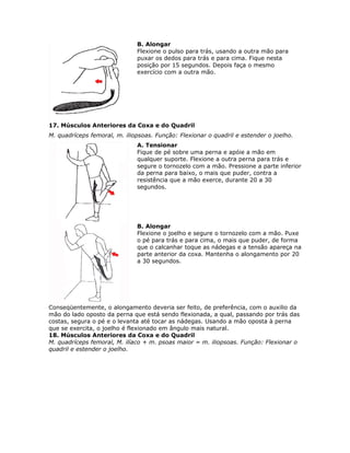 B. Alongar
                              Flexione o pulso para trás, usando a outra mão para
                              puxar os dedos para trás e para cima. Fique nesta
                              posição por 15 segundos. Depois faça o mesmo
                              exercício com a outra mão.




17. Músculos Anteriores da Coxa e do Quadril
M. quadríceps femoral, m. iliopsoas. Função: Flexionar o quadril e estender o joelho.
                              A. Tensionar
                              Fique de pé sobre uma perna e apóie a mão em
                              qualquer suporte. Flexione a outra perna para trás e
                              segure o tornozelo com a mão. Pressione a parte inferior
                              da perna para baixo, o mais que puder, contra a
                              resistência que a mão exerce, durante 20 a 30
                              segundos.




                              B. Alongar
                              Flexione o joelho e segure o tornozelo com a mão. Puxe
                              o pé para trás e para cima, o mais que puder, de forma
                              que o calcanhar toque as nádegas e a tensão apareça na
                              parte anterior da coxa. Mantenha o alongamento por 20
                              a 30 segundos.




Conseqüentemente, o alongamento deveria ser feito, de preferência, com o auxilio da
mão do lado oposto da perna que está sendo flexionada, a qual, passando por trás das
costas, segura o pé e o levanta até tocar as nádegas. Usando a mão oposta à perna
que se exercita, o joelho é flexionado em ângulo mais natural.
18. Músculos Anteriores da Coxa e do Quadril
M. quadríceps femoral, M. ilíaco + m. psoas maior = m. iliopsoas. Função: Flexionar o
quadril e estender o joelho.
 