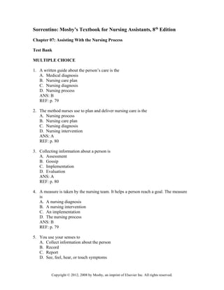 Mosby's Textbook for Nursing Assistants 8th Edition Sorrentino Test ...