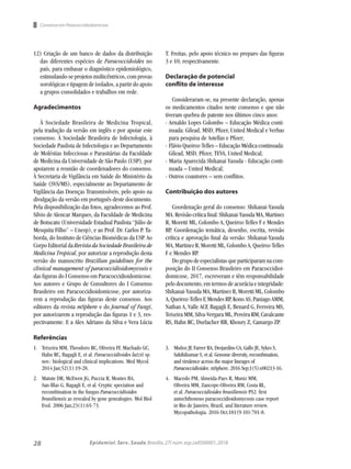 28 Epidemiol. Serv. Saude,Brasília,27( núm.esp.):e0500001,2018
Consenso em Paracoccidiodomicose
12) Criação de um banco de dados da distribuição
das diferentes espécies de Paracoccidoides no
país, para embasar o diagnóstico epidemiológico,
estimulando-seprojetosmulticêntricos,com provas
sorológicas e tipagem de isolados, a partir do apoio
a grupos consolidados e trabalhos em rede.
Agradecimentos
À Sociedade Brasileira de Medicina Tropical,
pela tradução da versão em inglês e por apoiar este
consenso. À Sociedade Brasileira de Infectologia, à
Sociedade Paulista de Infectologia e ao Departamento
de Moléstias Infecciosas e Parasitárias da Faculdade
de Medicina da Universidade de São Paulo (USP), por
apoiarem a reunião de coordenadores do consenso.
À Secretaria de Vigilância em Saúde do Ministério da
Saúde (SVS/MS), especialmente ao Departamento de
Vigilância das Doenças Transmissíveis, pelo apoio na
divulgação da versão em português deste documento.
Pela disponibilização das fotos, agradecemos ao Prof.
Silvio de Alencar Marques, da Faculdade de Medicina
de Botucatu (Universidade Estadual Paulista “Júlio de
Mesquita Filho” – Unesp), e ao Prof. Dr. Carlos P. Ta-
borda, do Instituto de Ciências Biomédicas da USP. Ao
Corpo Editorial da Revista da Sociedade Brasileira de
Medicina Tropical, por autorizar a reprodução desta
versão do manuscrito Brazilian guidelines for the
clinical management of paracoccidioidomycosis e
das figuras do I Consenso em Paracoccidioidomicose.
Aos autores e Grupo de Consultores do I Consenso
Brasileiro em Paracoccidioidomicose, por autoriza-
rem a reprodução das figuras deste consenso. Aos
editores da revista mSphere e do Journal of Fungi,
por autorizarem a reprodução das figuras 1 e 3, res-
pectivamente. E a Alex Adriano da Silva e Vera Lúcia
T. Freitas, pelo apoio técnico no preparo das figuras
3 e 10, respectivamente.
Declaração de potencial
conflito de interesse
Consideraram-se, na presente declaração, apenas
os medicamentos citados neste consenso e que não
tiveram quebra de patente nos últimos cinco anos:
-	Arnaldo Lopes Colombo – Educação Médica conti-
nuada: Gilead, MSD, Pfizer, United Medical e Verbas
para pesquisa de Astellas e Pfizer;
-	Flávio Queiroz-Telles – Educação Médica continuada:
Gilead, MSD, Pfizer, TEVA, United Medical;
-	Maria Aparecida Shikanai Yasuda - Educação conti-
nuada – United Medical;
-	Outros coautores – sem conflitos.
Contribuição dos autores
Coordenação geral do consenso: Shikanai-Yasuda
MA.Revisãocríticafinal:Shikanai-YasudaMA,Martinez
R, Moretti ML, Colombo A, Queiroz-Telles F e Mendes
RP. Coordenação temática, desenho, escrita, revisão
crítica e aprovação final da versão: Shikanai-Yasuda
MA,MartinezR,MorettiML,ColomboA,Queiroz-Telles
F e Mendes RP.
Dogrupodeespecialistasqueparticiparam nacom-
posição do II Consenso Brasileiro em Paracoccidioi-
domicose, 2017, escreveram e têm responsabilidade
pelo documento, em termos de acurácia e integridade:
Shikanai-Yasuda MA, Martinez R, Moretti ML, Colombo
A, Queiroz-Telles F, Mendes RP, Kono AS, Paniago AMM,
Nathan A, Valle ACF, Bagagli E, Benard G, Ferreira MS,
Teixeira MM, Silva-Vergara ML, Pereira RM, Cavalcante
RS, Hahn RC, Durlacher RR, Khoury Z, Camargo ZP.
1.	 Teixeira MM, Theodoro RC, Oliveira FF, Machado GC,
Hahn RC, Bagagli E, et al. Paracoccidioides lutzii sp.
nov.: biological and clinical implications. Med Mycol.
2014 Jan;52(1):19-28.
2.	 Matute DR, McEwen JG, Puccia R, Montes BA,
San-Blas G, Bagagli E, et al. Cryptic speciation and
recombination in the fungus Paracoccidioides
brasiliensis as revealed by gene genealogies. Mol Biol
Evol. 2006 Jan;23(1):65-73.
3.	 Muñoz JF, Farrer RA, Desjardins CA, Gallo JE, Sykes S,
Sakthikumar S, et al. Genome diversity, recombination,
and virulence across the major lineages of
Paracoccidioides. mSphere. 2016 Sep;1(5):e00213-16.
4.	 Macedo PM, Almeida-Paes R, Muniz MM,
Oliveira MM, Zancope-Oliveira RM, Costa RL,
et al. Paracoccidioides brasiliensis PS2: first
autochthonous paracoccidioidomycosis case report
in Rio de Janeiro, Brazil, and literature review.
Mycopathologia. 2016 Oct;181(9-10):701-8.
Referências
 