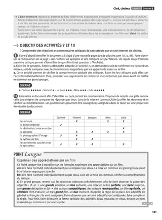 Ciné, cinéma Leçon 1 Dossier 5 
101 
> L’aide-mémoire reprend et permet de fi xer différentes expressions évoquant le parcours / succès d’un fi lm. 
> Attirer l’attention des apprenants sur la construction passive des expressions : un prix est attribué / décerné 
> à un fi lm ou une personne, et sur la construction active de même sens : un fi lm ou une personne gagne / 
> remporte / obtient un prix 
> Faire noter les mots équivalents à prix : un trophée / une récompense, une consécration (= la récompense 
> suprême). Enfi n, faire remarquer les prépositions utilisées dans les expressions : un fi lm sort dans les salles 
> et est à l’affi che. 
> OBJECTIF DES ACTIVITÉS 9 ET 10 
Comprendre des réactions et commentaires critiques de spectateurs sur un site Internet de cinéma. 
9 Faire d’abord identifi er le document : il s’agit d’une nouvelle page du site allocine.com (cf. p. 88). Faire obser-ver 
la composition de la page : elle contient un synopsis et des critiques de spectateurs. Un rapide coup d’oeil à la 
première critique permet d’identifi er de quel fi lm il est question : The Artist. 
1. Faire lire le synopsis. Selon la démarche adoptée à l’activité 7, on demandera soit de confi rmer les hypothèses 
émises, soit de comparer avec les informations rapportées par les apprenants ayant vu le fi lm. 
2. Cette activité permet de vérifi er la compréhension globale des critiques. Faire lire les critiques puis effectuer 
l’activité individuellement. Puis, proposer aux apprenants de comparer leurs réponses par deux avant de mettre 
en commun en grand groupe. 
CORRIGÉ 
2. Corinne ★★★★★ – Vincent ★ – Jacques ★★★ – Nina ★★★ – Julia ★★★★★ 
10 Faire relire le document afi n d’identifi er sur quoi portent les commentaires. Proposer de remplir une grille comme 
celle du corrigé et de comparer les réponses par deux. Lors de la mise en commun, faire justifi er les réponses et en 
vérifi er la compréhension. Les justifi cations pourront être soulignées/surlignées dans le texte sur une projection 
éventuelle du document. 
CORRIGÉ 
Corinne Vincent Jacques Nina Julia 
les acteurs ✗ ✗ ✗ 
la bande originale ✗ 
la réalisation/ mise en scène ✗ 
le scénario ✗ ✗ ✗ ✗ 
la photographie/ l’image ✗ ✗ 
le rythme du fi lm ✗ ✗ 
les sentiments suscités chez 
le spectateur ✗ ✗ ✗ ✗ 
POINT Langue 
Exprimer des appréciations sur un fi lm 
Ce Point langue vise à travailler sur les formules exprimant des appréciations sur un fi lm. 
a) Faire faire l’activité individuellement puis comparer par deux. La mise en commun en grand groupe peut 
être faite en regroupant a) et b). 
b) Faire faire l’activité individuellement ou par deux. Lors de la mise en commun, vérifi er la compréhension 
du lexique. 
c) En grand groupe, revenir sur les réponses obtenues précédemment afi n de faire observer la place des 
adjectifs : cf. a) ➝ une grande émotion, un bon scénario, une mise en scène parfaite, une belle surprise, 
une grosse déception et b) ➝ des acteurs sympathiques, des acteurs remarquables, un fi lm agréable, un 
véritable chef-d’oeuvre, un très grand fi lm, un bon moment. Rappeler la règle de la place des adjectifs en 
général en français : ils sont postposés. Faire observer que certains adjectifs sont antéposés, faire compléter 
la règle. Pour fi nir, faire découvrir la forme spéciale des adjectifs beau, nouveau et vieux, devant un nom 
masculin qui commence par une voyelle. 
 