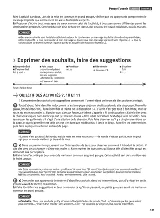Penser l’avenir Leçon 1 Dossier 6 
121 
faire l’activité par deux. Lors de la mise en commun en grand groupe, vérifi er que les apprenants comprennent le 
message implicite que contiennent les voeux fantaisistes repérés. 
b) Proposer d’écrire deux messages de voeux comme celui de l’activité, à deux personnes différentes parmi les 
destinataires proposés. Cette production peut se faire en classe, par deux ou en travail individuel, ou à la maison. 
CORRIGÉ 
a) Les voeux suivants sont fantaisistes/inhabituels car ils contiennent un message implicite (donné entre parenthèses, 
à titre indicatif ) : « Que tu répondes à mes messages » (parce que mes messages restent sans réponse…) ; « Que tu 
sois toujours de bonne humeur » (parce que tu es souvent de mauvaise humeur…). 
> Exprimer des souhaits, faire des suggestions 
Comprendre Écrit 
S’exprimer Oral 
Act. 9, 10 et 11 
Point langue 
Le conditionnel présent 
pour exprimer un souhait, 
faire une suggestion 
La formation du conditionnel 
> S’exercer n° 3 et 4 
Phonétique 
Act. 12 
Aide-mémoire 
> S’exercer n° 5 
S’exprimer 
Écrit 
Act. 13 
Forum : Fans de Sinse 
> OBJECTIF DES ACTIVITÉS 9, 10 ET 11 
Comprendre des souhaits et suggestions concernant l’avenir dans un forum de discussion et y réagir. 
9 Tout d’abord, faire identifi er le document : c’est une page du forum de discussion du site du groupe Sinsemilia 
(www.fansdesinse.com). Faire identifi er le thème de la discussion : « La Terre n’est pas tout à fait ronde, mais le 
reste est entre nos mains ». Signaler que, dans un forum, ce thème s’appelle « fi l de discussion ». Faire le lien avec 
la chanson évoquée dans l’article p. 108 (« Entre nos mains », titre inédit de l’album Best of qui vient de sortir). Faire 
remarquer les guillemets : il s’agit d’une citation de la chanson. Puis faire observer qu’il y a cinq interventions sur 
la page, et que la première est celle de Jess : en tant que modérateur, il lance le débat. Faire lire les interventions 
puis faire expliquer la citation en haut de page. 
CORRIGÉ 
« La terre n’est pas tout à fait ronde, mais le reste est entre nos mains » ➝ le monde n’est pas parfait, mais on peut 
agir pour un monde meilleur, ça dépend de nous. 
10 a) Dans un premier temps, revenir sur l’intervention de Jess pour observer comment il introduit le débat : il 
cite des vers de la chanson « Entre nos mains ». Faire repérer les questions qu’il pose afi n d’identifi er ce qui est 
demandé aux participants. 
b) Faire faire l’activité par deux avant de mettre en commun en grand groupe. Cette activité sert de transition vers 
le Point langue. 
CORRIGÉ 
a) « Entre nos mains », entre vos mains… ça dépend de nous tous ! Et vous ? Vous feriez quoi pour un monde meilleur ? 
Vous voudriez quoi pour l’avenir ? On demande aux participants : leurs souhaits et suggestions pour un monde meilleur. 
b) Filou : économie ; Youf : société ; Anaïs : environnement ; Lilie : santé. 
11 a) Demander aux apprenants de repérer d’abord les souhaits dans les interventions, puis d’y réagir en petits 
groupes avant de mettre en commun. 
b) Faire identifi er les suggestions et leur demander ce qu’ils en pensent, en petits groupes avant de mettre en 
commun en grand groupe. 
CORRIGÉ 
a) Souhaits : Filou ➝ Je souhaite qu’il y ait moins d’inégalités dans le monde. Youf ➝ J’aimerais que les gens soient 
plus tolérants… / Je rêve d’un monde sans violence… Lilie ➝ Je voudrais qu’on fasse plus pour la prévention. 
 